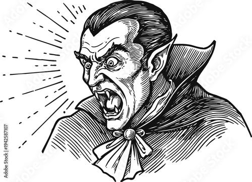 Vintage angry vampire illustration with cape, fangs, pointed ears, and intense stare