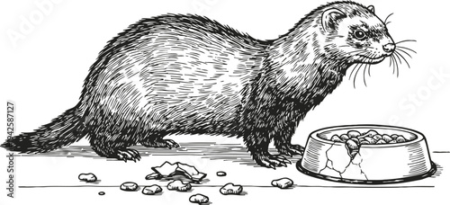 ferret standing near scattered dry food and bowl hand drawn animal sketch with detailed fur and whiskers