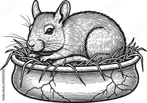chinchilla resting in a cracked nest filled with grass small rodent animal in detailed vintage engraving