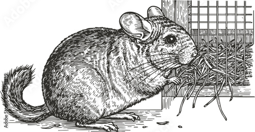 Detailed black and white illustration of a chinchilla eating hay near a cage, realistic animal drawing