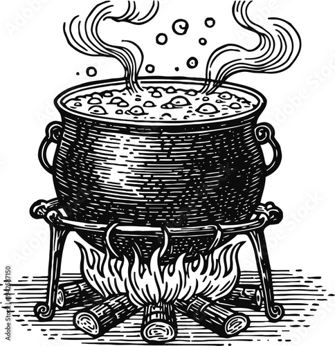 Vintage black cauldron boiling over an open fire with steam and bubbles rising above