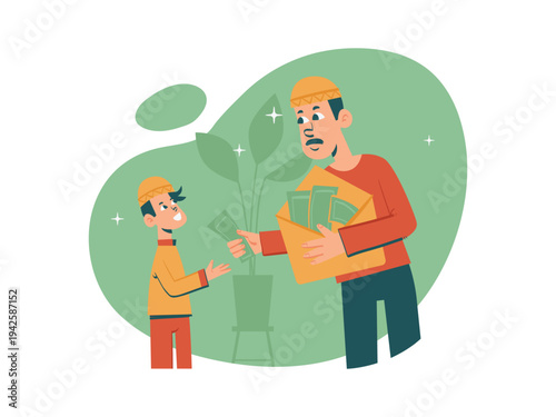 Flat Illustration of Elder Giving Money Gift to Child During Eid