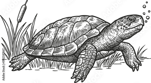 Detailed black and white illustration of a snapping turtle walking near grass and cattail reeds