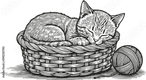 Sleeping kitten curled up in a woven basket with ball of yarn illustration