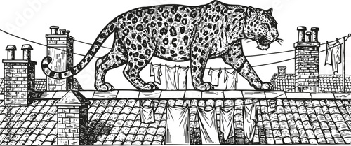 Leopard walking on rooftop between chimneys with hanging laundry in black and white line art
