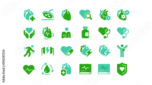 Flat healthcare icons including heart care, medicine bottle, syringe, hospital, and medical support tools.