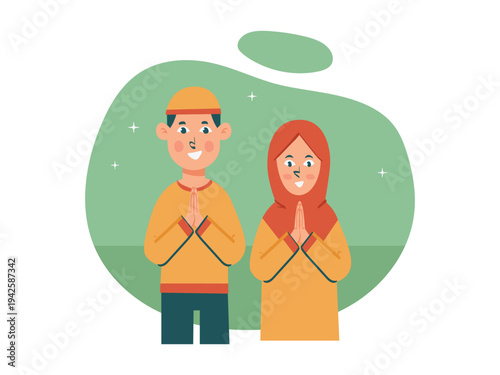 Flat Style Illustration of Muslim Couple Giving Greeting Salutation
