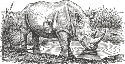 Black rhinoceros drinking water in swamp wild animal habitat, nature wildlife scene detailed hand drawn illustration