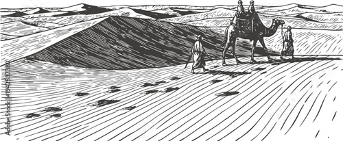 Desert caravan crossing sand dunes with camel and travelers in traditional clothing, panoramic landscape