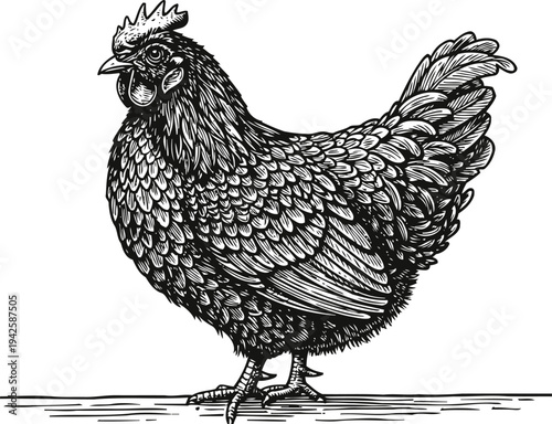Detailed black and white drawing of a standing chicken with feathers and comb illustration
