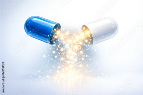 Shiny particles spilling from open medical capsule