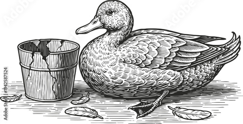 engraving duck resting beside wooden bucket with scattered feathers vintage illustration
