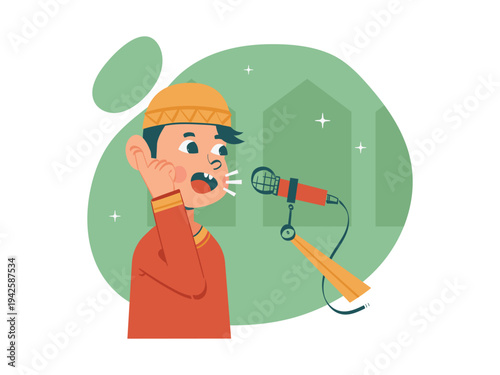Flat Style Illustration of Muslim Man Calling to Prayer with Microphone