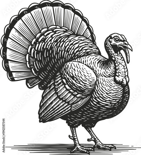 detailed black and white illustration of a turkey bird with fanned tail and intricate feather patterns