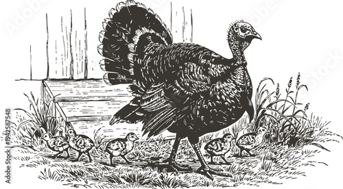 Wild turkey hen with her chicks walking near wooden steps in natural grass setting