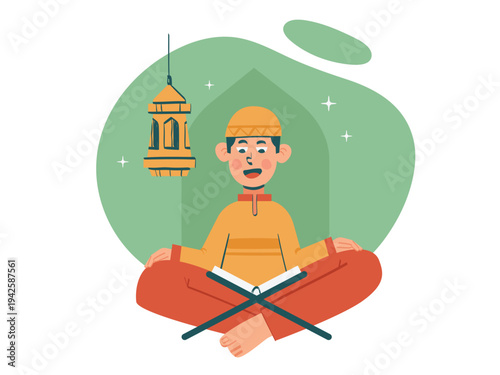 Flat Vector Illustration of Young Boy Reading Al Quran During Ramadan