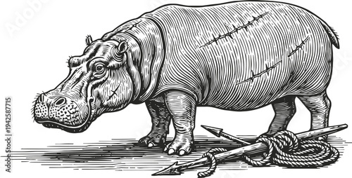 engraved hippopotamus with crossed spears and rope vintage wildlife illustration