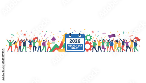 Ultra wide panoramic banner of diverse people celebrating 2026 fiscal year start. Flat vector illustration with calendar, upward arrows, gears and confetti. 