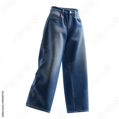 A pair of blue jeans displayed on white background