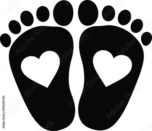 a simple black and white illustration depicts two baby footprints each containing a white heart shape within symbolizing love and new beginnings
