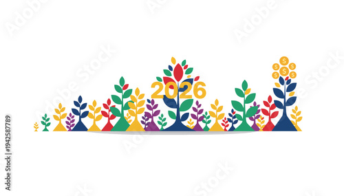 Financial growth and wealth building concept for 2026. Flat vector illustration of colorful plants and a money tree with dollar coins. Panoramic banner