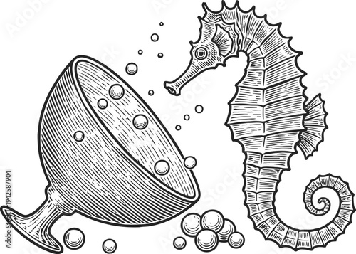 Seahorse and glass with bubbles vintage engraving marine life sketch with underwater elements in black and white