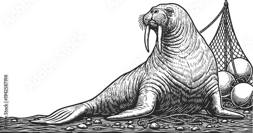 Walrus resting on rocky shore with fishing net and buoys detailed black and white engraving illustration