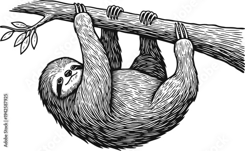 Black and white sloth hanging from tree branch detailed animal illustration of slow mammal in nature