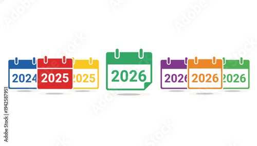 Sequence of colorful flat vector calendar icons transitioning from 2024 and 2025 to a prominent green 2026. Ultra wide panoramic banner for new year business planning and time management