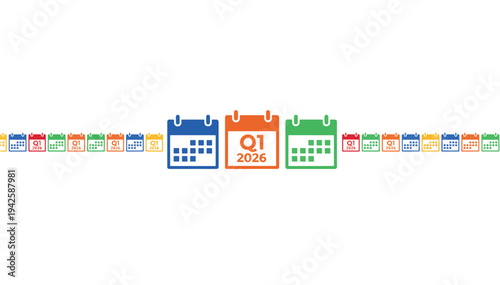 Ultra wide panoramic banner of colorful wall calendars. Flat vector illustration of Q1 2026 schedule and time management concept. Business planning and financial quarter background