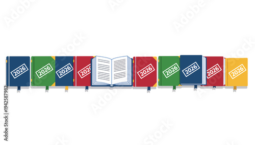 Colorful vintage ledger books arranged in a row with open book  