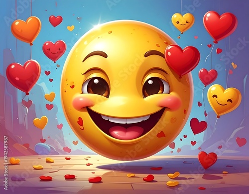 A large, smiling yellow face with rosy cheeks amidst floating heart-shaped balloons of varying colors. Scattered heart confetti adds to the festive scene