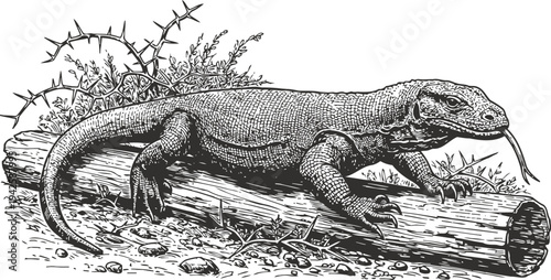 Black and white detailed illustration of a lizard crawling on a log surrounded by grass and thorns
