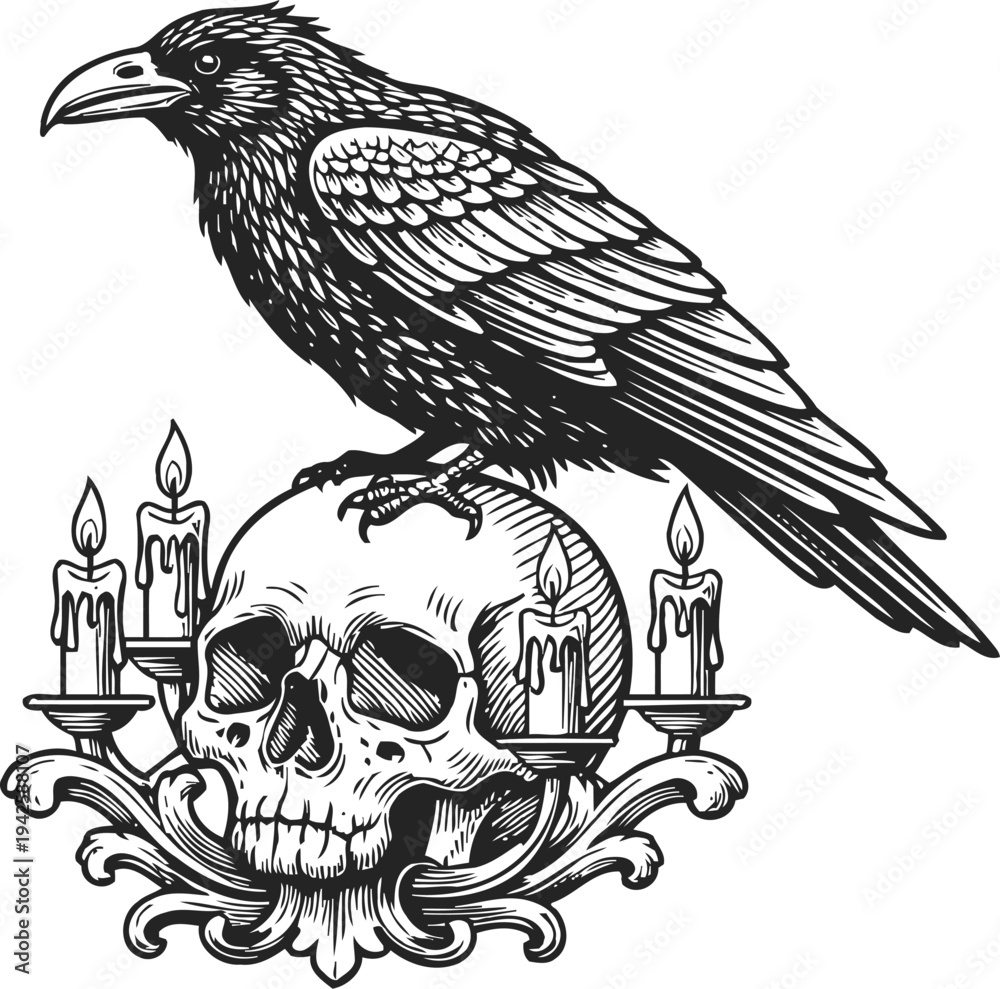 Naklejka premium Gothic raven perched on human skull surrounded by burning candles intricate black and white design