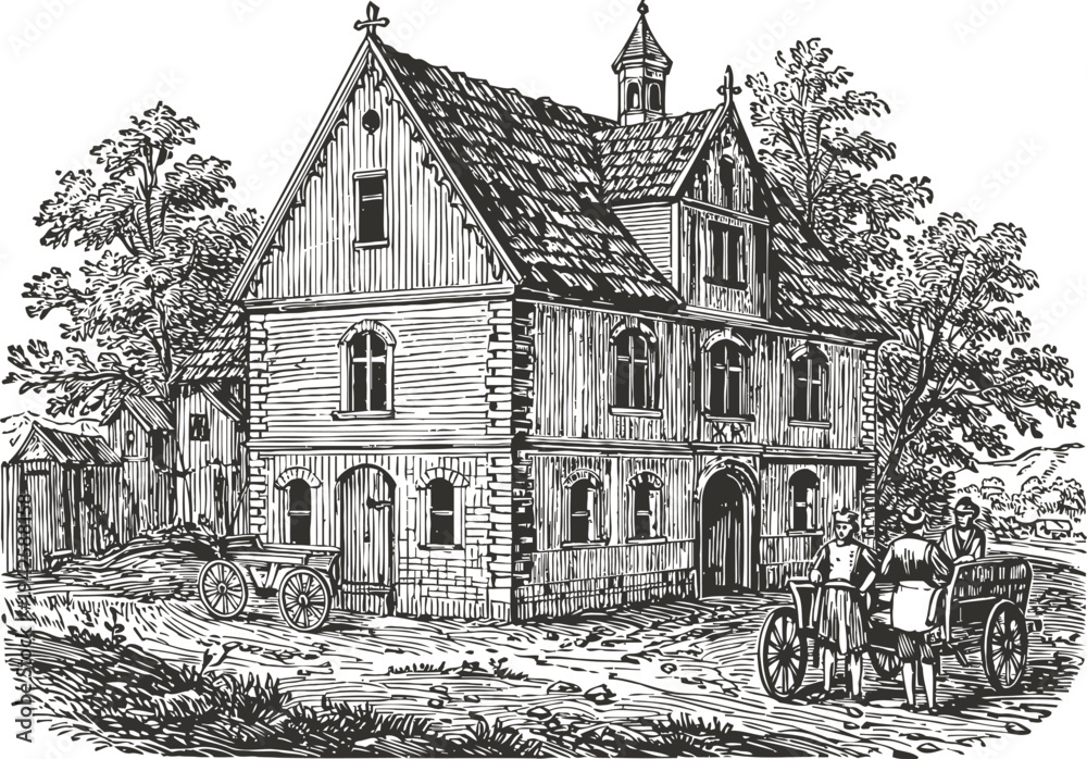 Obraz premium Vintage rural farmhouse with wooden cart and people, countryside traditional building sketch