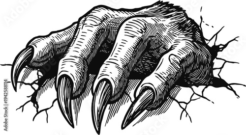 Scary claw breaking through cracked wall with sharp long nails, horror monster hand illustration