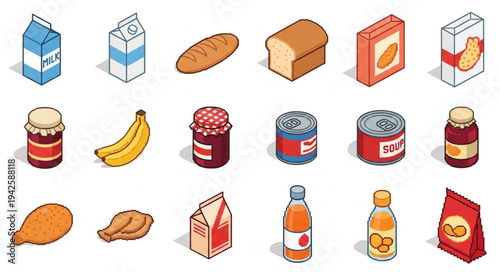 Assorted Grocery Items on White Background.