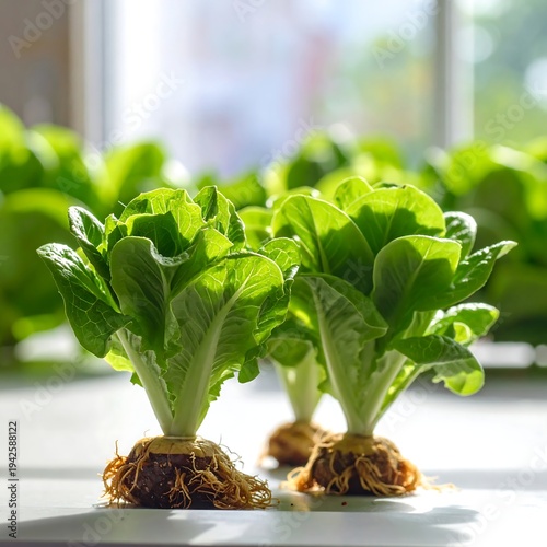 Fresh green lettuce plants on white surface