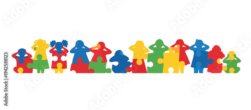 Vector silhouette of children made of puzzle pieces covering their ears. Sensory overload and autism spectrum awareness concept