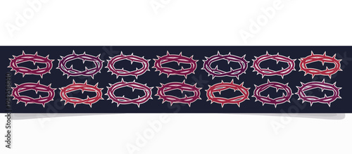 Repeating pattern of vector crowns of thorns on a dark blue background. Horizontal religious banner with red and purple thorn crowns. Christian symbol of crucifixion and Lent