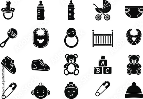 a collection of black silhouette icons depicting essential baby items like bottles pacifiers clothing and toys for new parents high quality