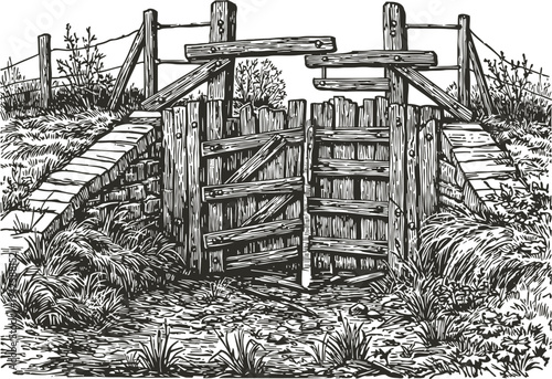 Old wooden gate in countryside rustic rural fence entrance with stone retaining walls and grass