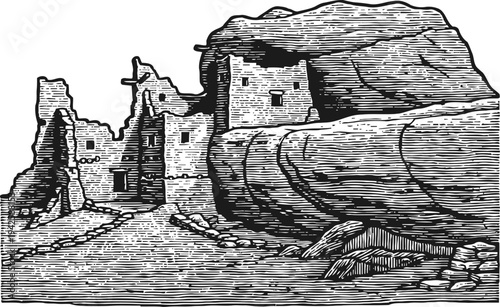 Ancient puebloan cliff dwellings carved into rock with large fallen log in foreground