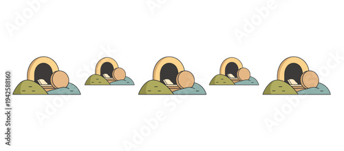 Repeating vector pattern of the empty tomb with a rolled stone. Horizontal border illustrating the resurrection of Jesus Christ. Christian Easter symbol with linen cloth inside a cave