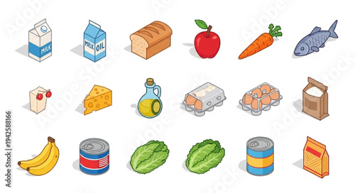 Assorted Grocery Items on White Background.