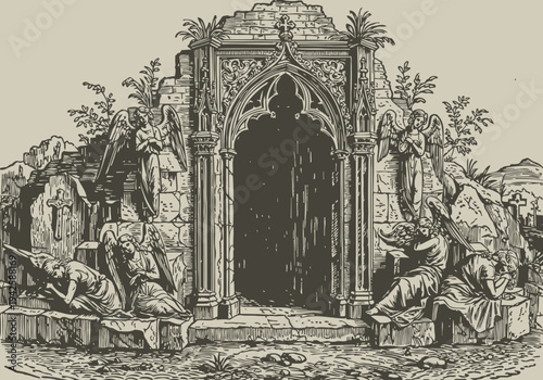 Ancient ruined archway with angel statues in gothic surrounded by rocky landscape and plants