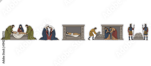 Vector illustration of the entombment of Christ. Biblical scene showing Jesus placed in the sepulchre by followers and guarded by Roman soldiers