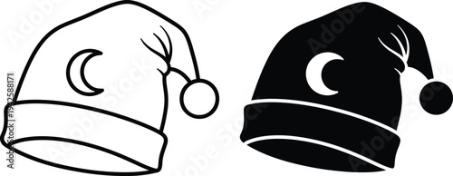 A minimalist depiction of two nightcaps one outlined and one solid both featuring a crescent moon and pompom detail high quality