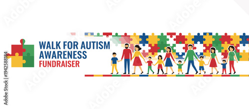 Walk for autism awareness fundraiser banner. Vector illustration of a family walking together with colorful puzzle pieces background