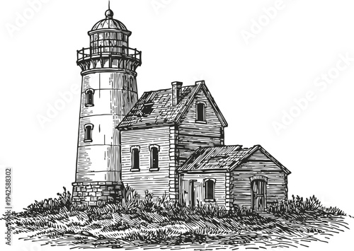 Vintage lighthouse and old wooden house on grassy land nautical beacon tower with rustic building sketch